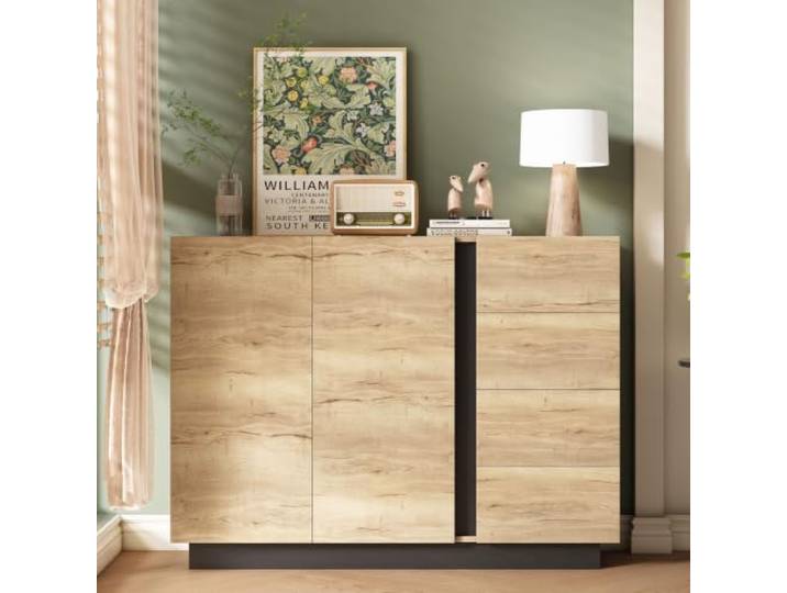 Kommode Sideboard mit 2 Türen 4 Schubladen, Naturtöne, B120/T35,5/H90,5 cm Drucköffner, 8 cm Sockelhöhe, Kippsicherung, für Wohnzimmer Essbereich Küche