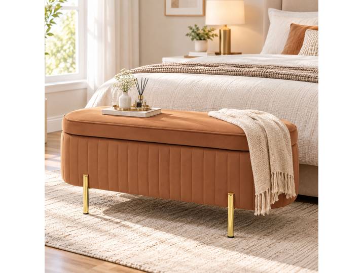 HOMCOM Banquette Coffre Ovale Velours 72L Bois 108x44x43.5cm Marron