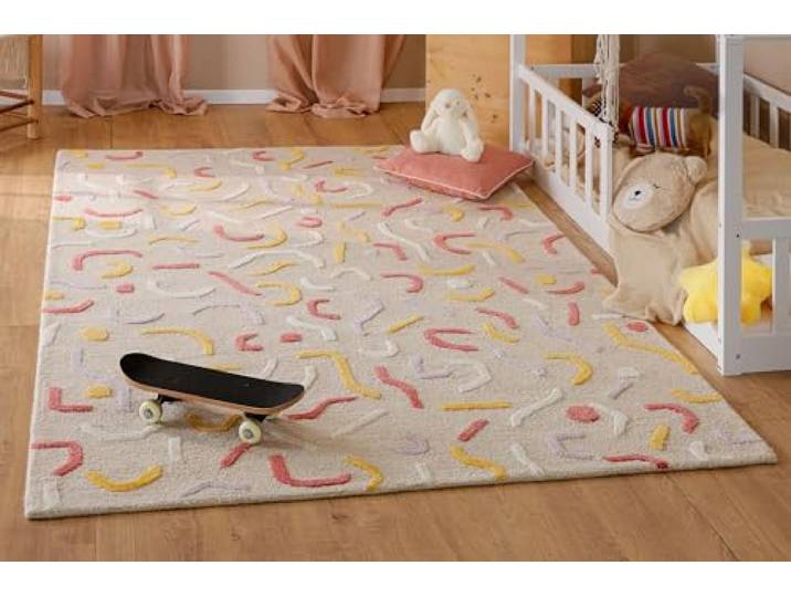 Wecon Home Kinderteppich Confetti, 110 x 170 cm, beige Verspielter Teppich mit hochtief Struktur, Aus Schurwolle Weich, pflegeleicht & für Kinderzimmer