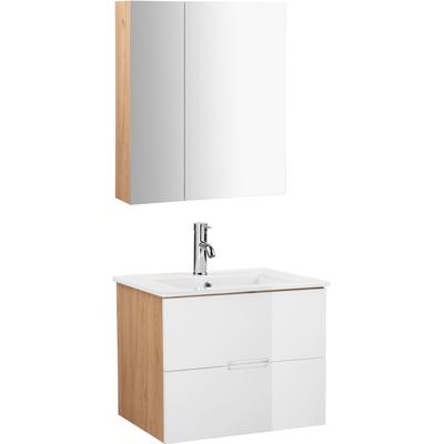 Badmöbel-Set WELLTIME "Lund Badmöbel Set Badschrank Badezimmerset", weiß (eiche, weiß), MDF, Kastenmöbel-Sets, Badmöbel-Set, Spiegelschrank, Waschtisch und Waschbecken Breite 60cm