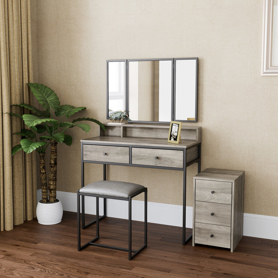 Alpen Home Kimberlee Dressing Table with Mirror Ivory Gray 141.6cm H X 90cm W X 39.9cm D