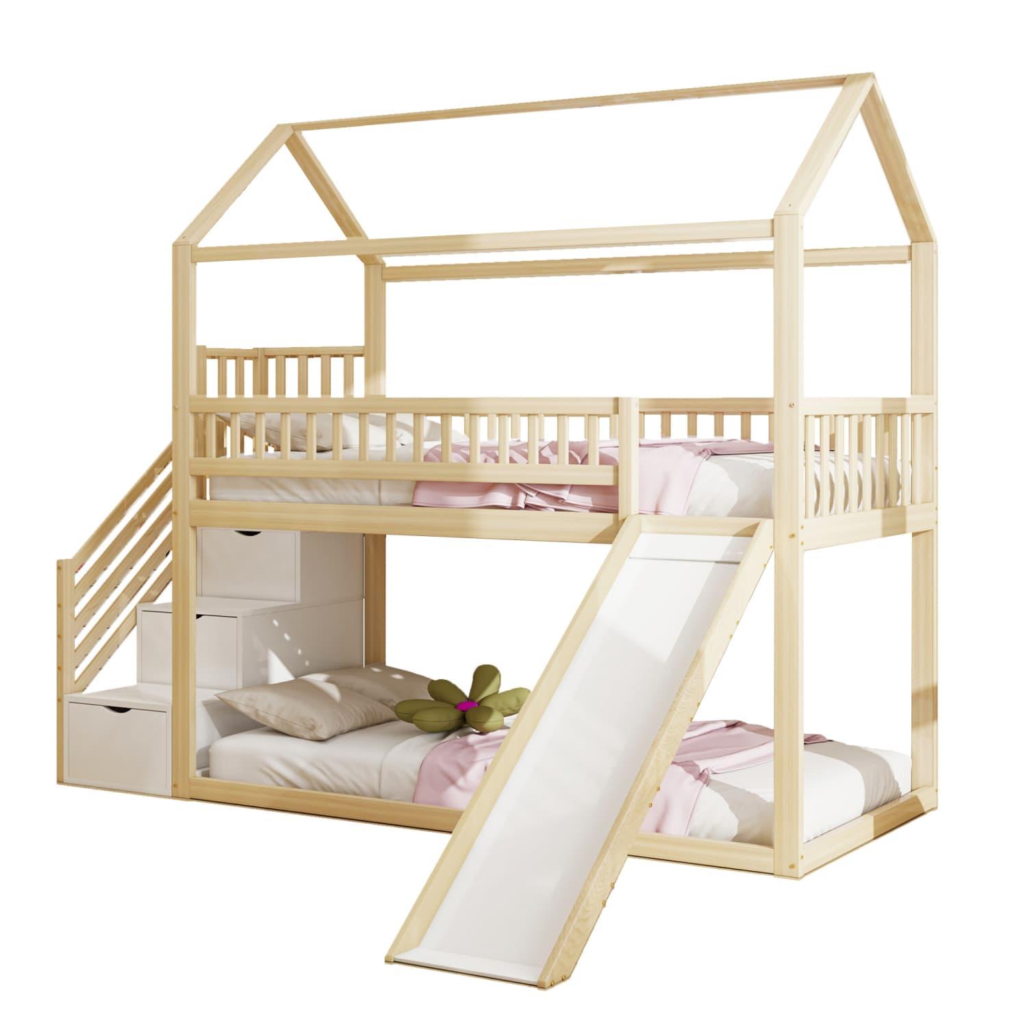 Kinderetagenbett 90*200cm, Hochbett(Holzfarbe)mit Rutsche und Stauraumleiter, hohe Zaunkonstruktion, Massivholzbettrahmen, Lattenrost