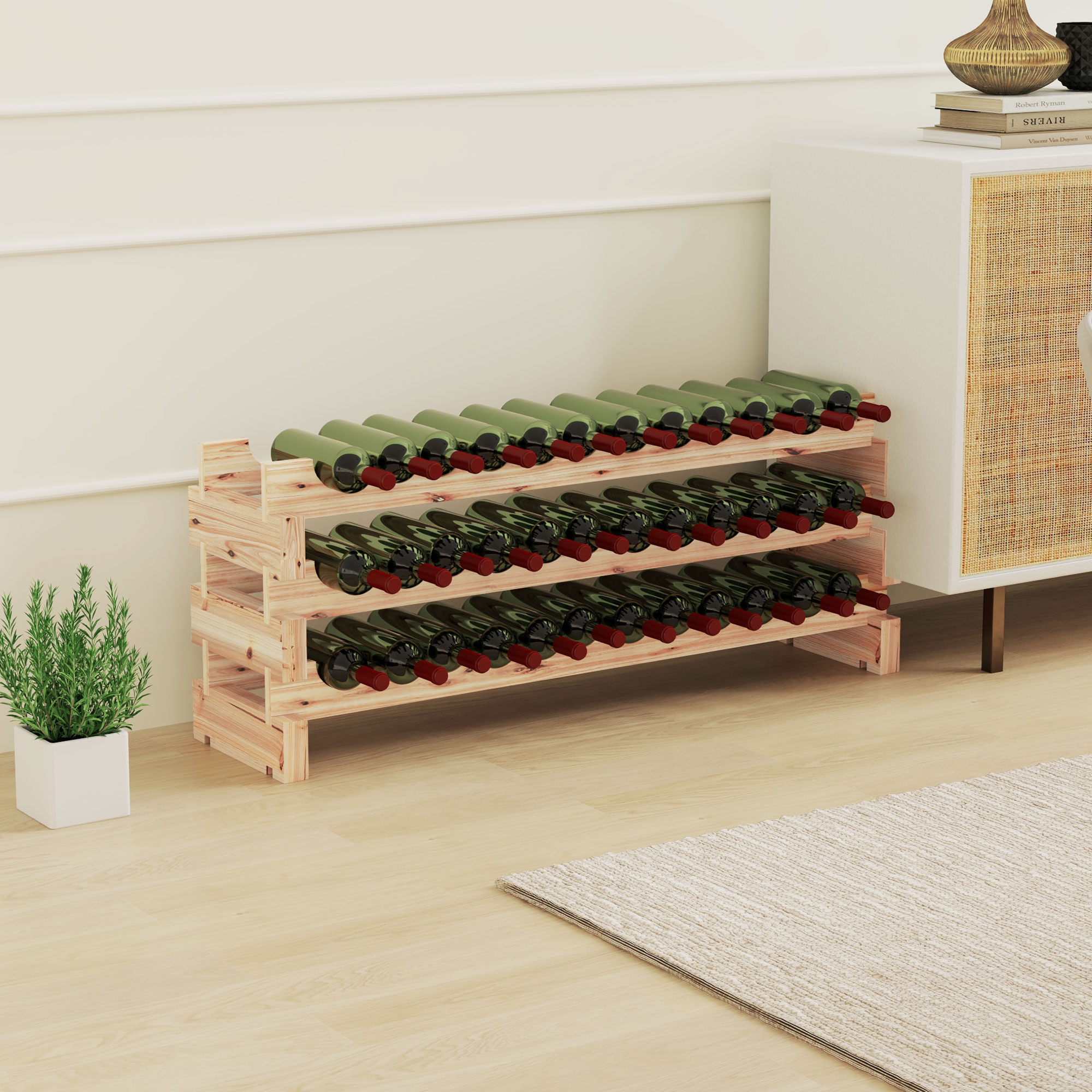 Homcom Scaffale Portabottiglie in Legno di Abete, Cantinetta Portabottiglie con 3 Ripiani per 36 Bottiglie e Peso Massimo 50 kg, 114x28x42.5 cm, Legno Naturale   Aosom Italy
