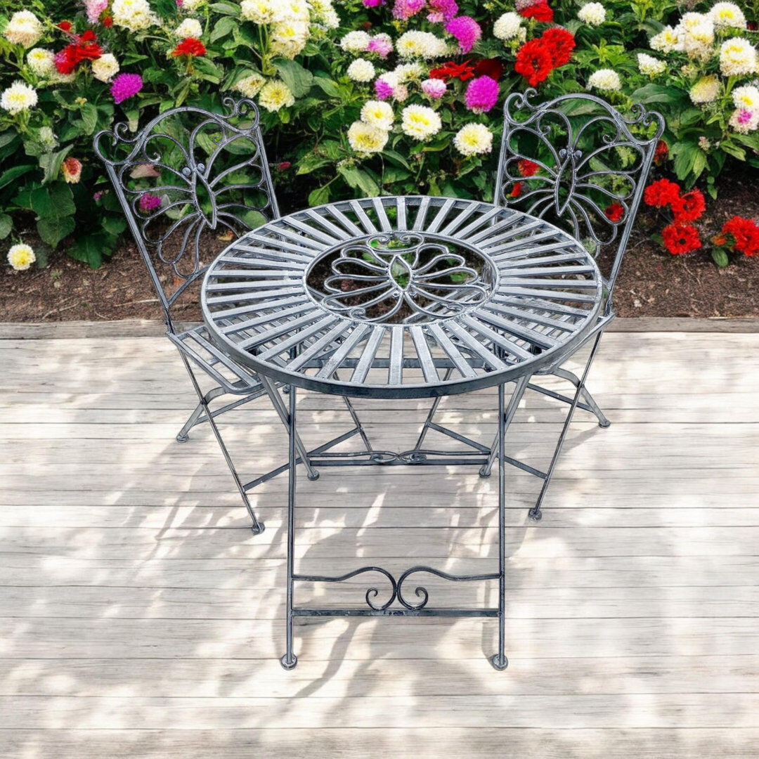 Bay Isle Home Windermere 2-Person Metal Patio Foldable Dining Set – Stylish Durable Round Table & Chair Set for Garden & Outdoor Seating Grey 2