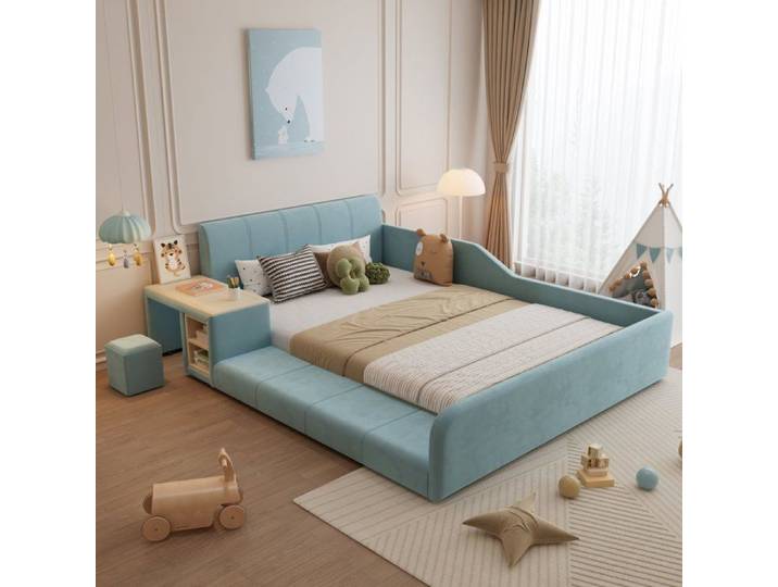 Lit rembourré avec bureau et rangement latéral couchage 140x200 pour enfant
