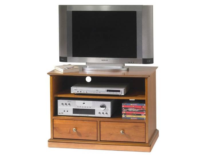 Meuble TV 32 Pouces - BEAUX MEUBLES PAS CHERS - Merisier - 2 Tiroirs - 2 Niches - Sur Roulettes