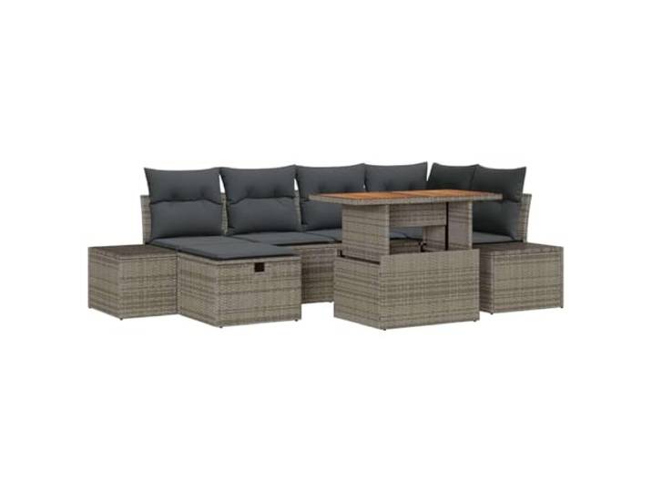 KTHLBRH Gartenmöbel-Set, 7-teilig, Polyrattan, Grau Stahlgestell, Sitzfläche aus Polyrattan, Tischplatte aus Akazienholz, 2 Mittelsitze, 1 Eckbank, 2 Sofas, 1 Hocker, 1 Tisch