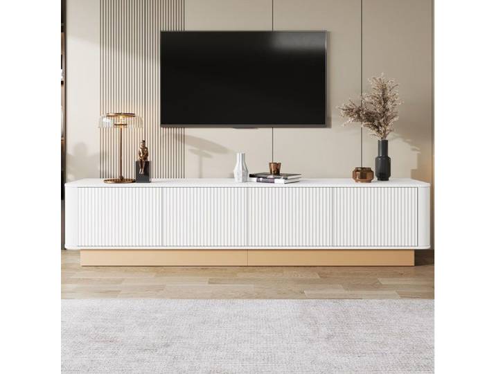 Meuble TV 200 cm EVRYAE 4 portes MDF blanc étagères réglables passe-câbles coins arrondis