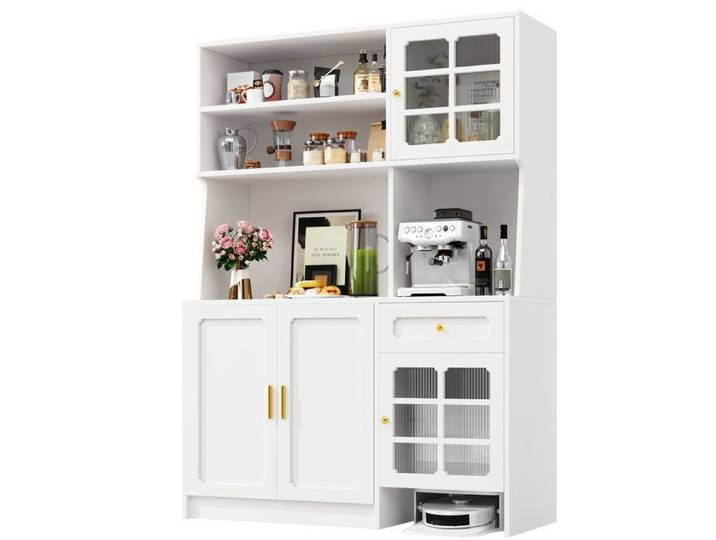 Meuble de rangement cuisine 130x45x180 cm avec vitrines tiroirs éclairage LED multicolore MDF blanc FOLYNA