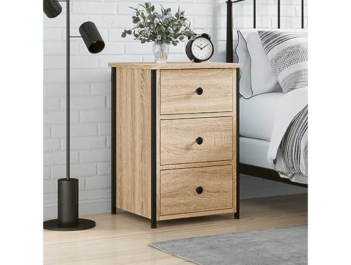 HEFZGDB Nachttisch Sonoma-Eiche 40x36x60 cm Holzwerkstoff mit Eisenrahmen und 3 Schubladen Stauraum, Industrie-Design Beistelltisch mit 4 verstellbaren Beinen für Stabilität, Deko