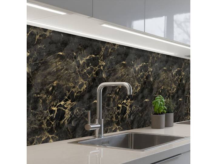 KitchenYeah crédence de cuisine Motif Marbre Noir et Or Nerf 300x60cm