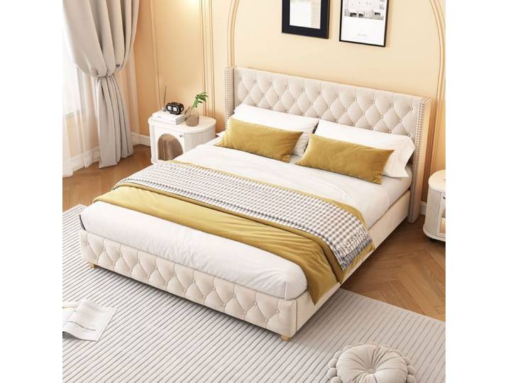 O.Ye Lit rembourré 180 x 200 cm en beige clair sommier à lattes et tête de lit rembourrage à boutons rembourrage mul LIT COMPLET