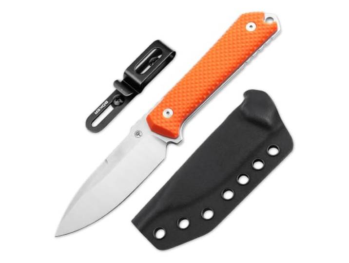 BÖKER GERMANY Kiboku Orange G10 - Profi EDC Messer feststehend 42a konform Skelett Neck Knife mit 7,5 cm Droppoint-Klinge - extra scharfes Fulltang Messer hochwertig mit Kydex-Scheide Made in Germany