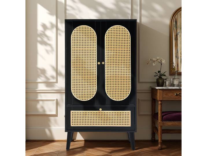 Armoire en bois noir avec portes en cannage et tiroir