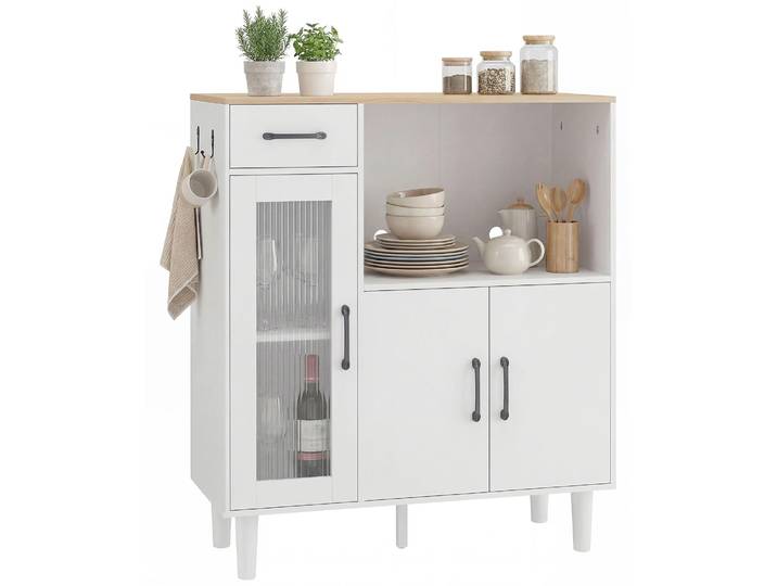 HOMCOM Sideboard Küchenschrank für Wohnzimmer 80 x 34 x 91 cm Weiß+Eiche