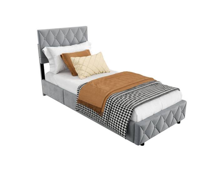 Redom Polsterbett 90/190 cm mit hydraulischem Stauraum aus Samt, Grau, 90x190 cm, Schlafzimmer, Betten, Polsterbetten