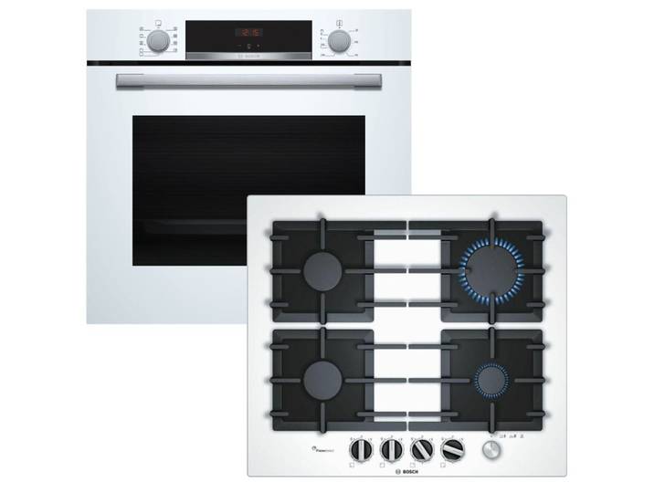 BOSCH Backofen-Set weiß EcoClean Schnellaufheizung + Gaskochfeld Einhandzündung autark