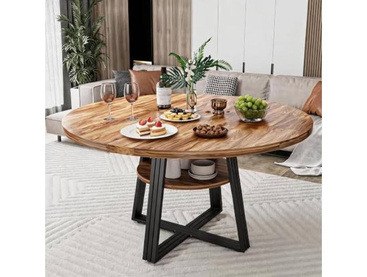 IDEALHOUSE Platzsparender Runder Esstisch 120 cm Für 4–6 Personen Farmhouse-Küchentisch mit offenem Ablagefach/Stauraum, kratzfeste Tischplatte, Metall-Quadratbeine