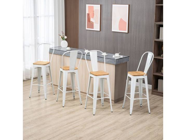 Tabouret de bar - PAGE LIVING - Lot de 4 - Métal crème - Dossier ergonomique - Empilable