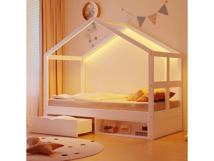 lit cabane 90 x 190 cm SENVIRO avec rangements et lumière multicolore blanc