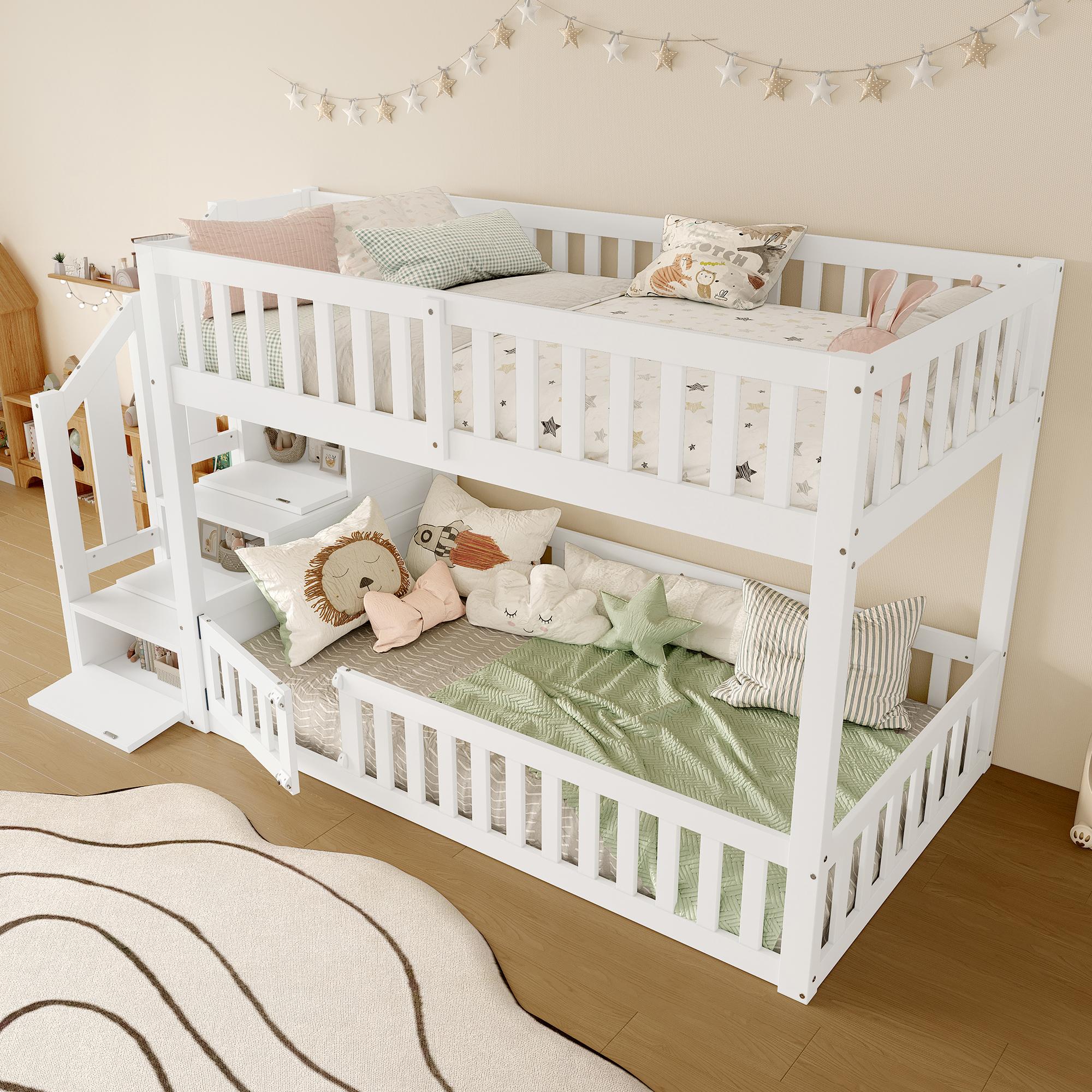 STILVORA Etagenbett 90X200 mit Leiter mit Stauraum, Kinderbett mit Geländer im oberen Bett, mit zaunförmigen Schutzgittern im unteren Bett, Weiß