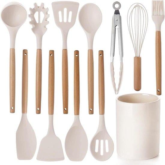 12-delige witte keukenaccessoires set met siliconen kookgerei en houten handgrepen