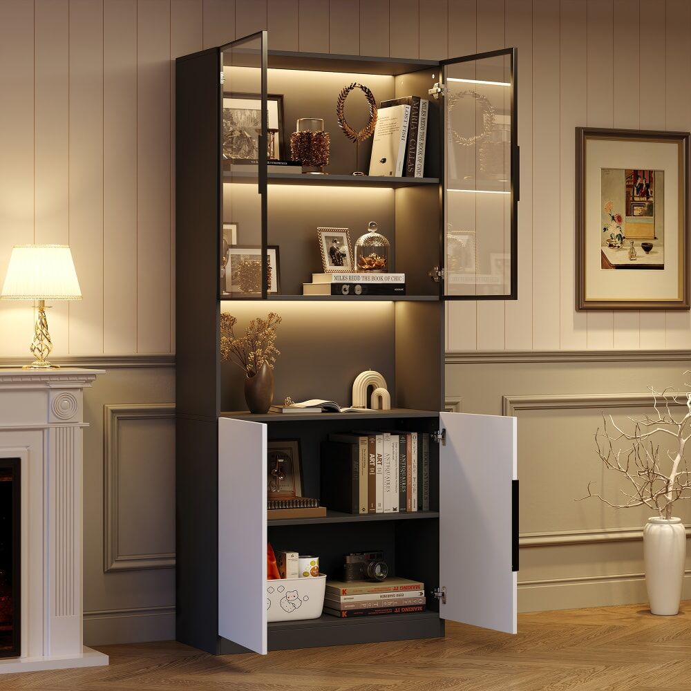 Urban Meuble Vitrine bibliothèque moderne noir 2 portes blanches 2 portes Noir 80x200x30cm
