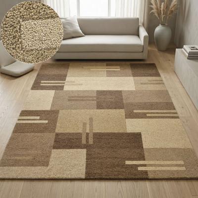 Wollteppich THEKO "Gabbeh Kästchen, Patchwork Design, reine Wolle", braun, B:200cm H:14mm L:290cm, Wolle, Teppiche, Naturtöne, Wohnzimmer, Schlafzimmer, Esszimmer