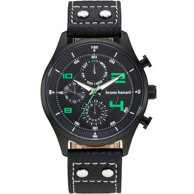 Multifunktionsuhr BRUNO BANANI "Roadster", schwarz, schwarz, schwarz, schwarz, Armbanduhren, Herren, schwarz, Quarzuhr, Armbanduhr, Herrenuhr, Lederarmband, analog, Tag, Wochentag