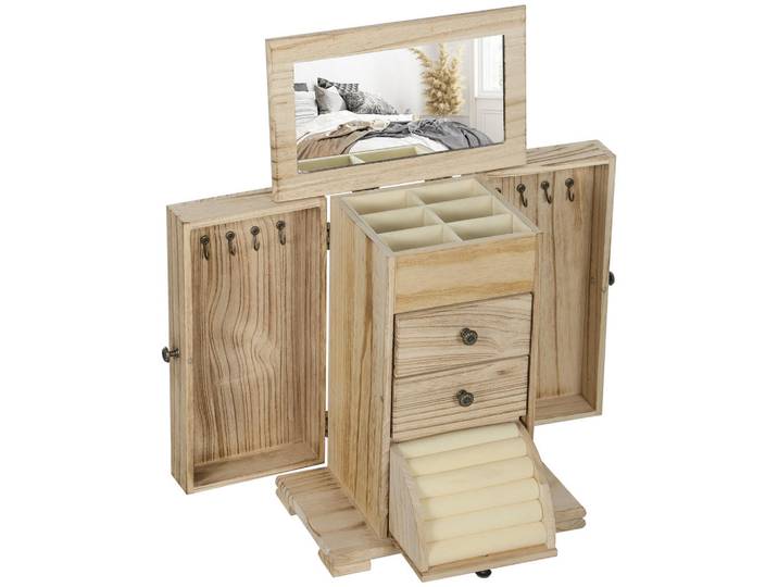 Homcom Schmuckkästchen Schmuckschatulle mit Spiegel, Schubladen, seitlichen Klapptüren, Naturfarben, Holz, 16x33.5x26.5 cm, Ordnen & Aufbewahren, Schmuckaufbewahrung