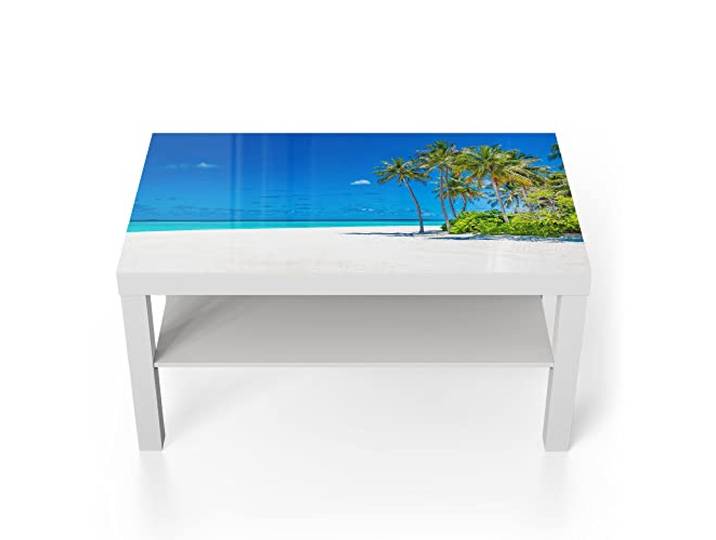 DEQORI Glastisch weiß groß 90x50 cm Motiv Palmenstrand Panorama ausgefallener Beistelltisch aus Glas Hochglanz Couchtisch fürs Wohnzimmer moderner Couch Tisch mit Design