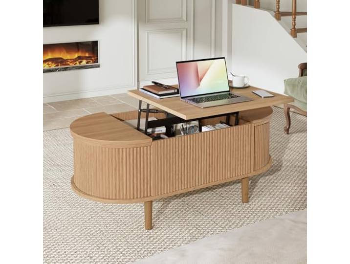 DUlVBPE Ovaler, Verstellbarer Couchtisch,mit Stauraum, Vintage-Stil, Wohnzimmer-Couchtisch, multifunktionaler Aufbewahrungstisch, Beine aus Massivholz, modernes Multifunktionsmöbel.