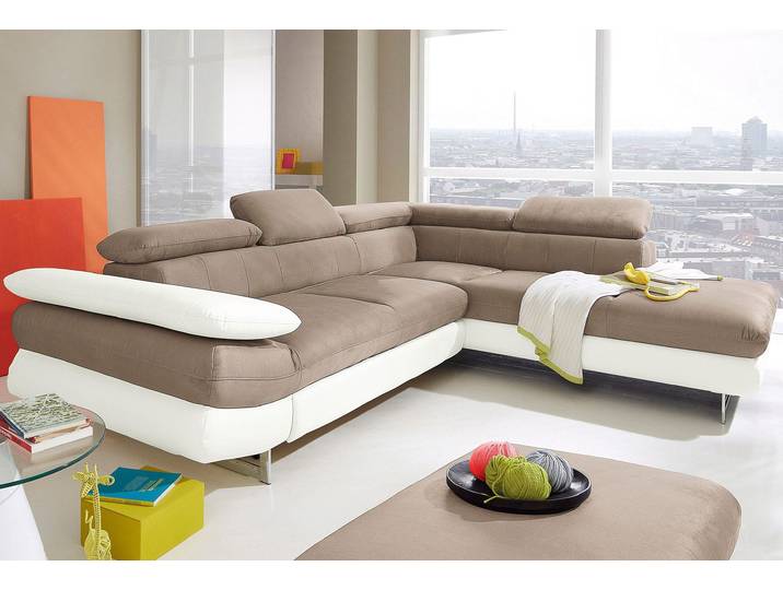 Ecksofa, Kunstleder Softlux, Altweiß/Schlamm, 279×228 cm, Mit Arm- & Kopfteilverstellung, Modern, Inosign