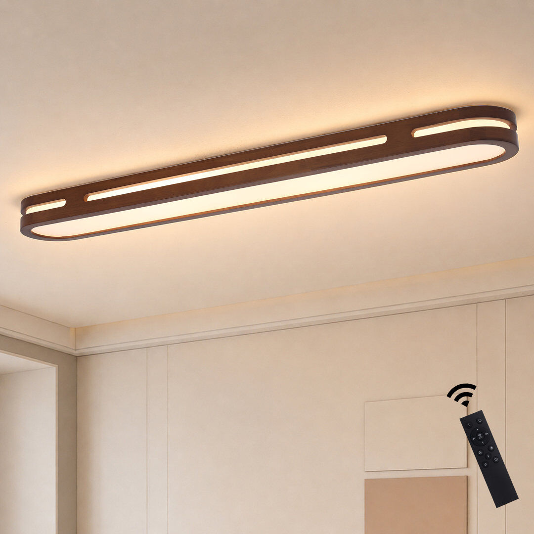 Metro Modern Linear Walnut Wood Dimmable LED Flush Mount with Remote Walnut