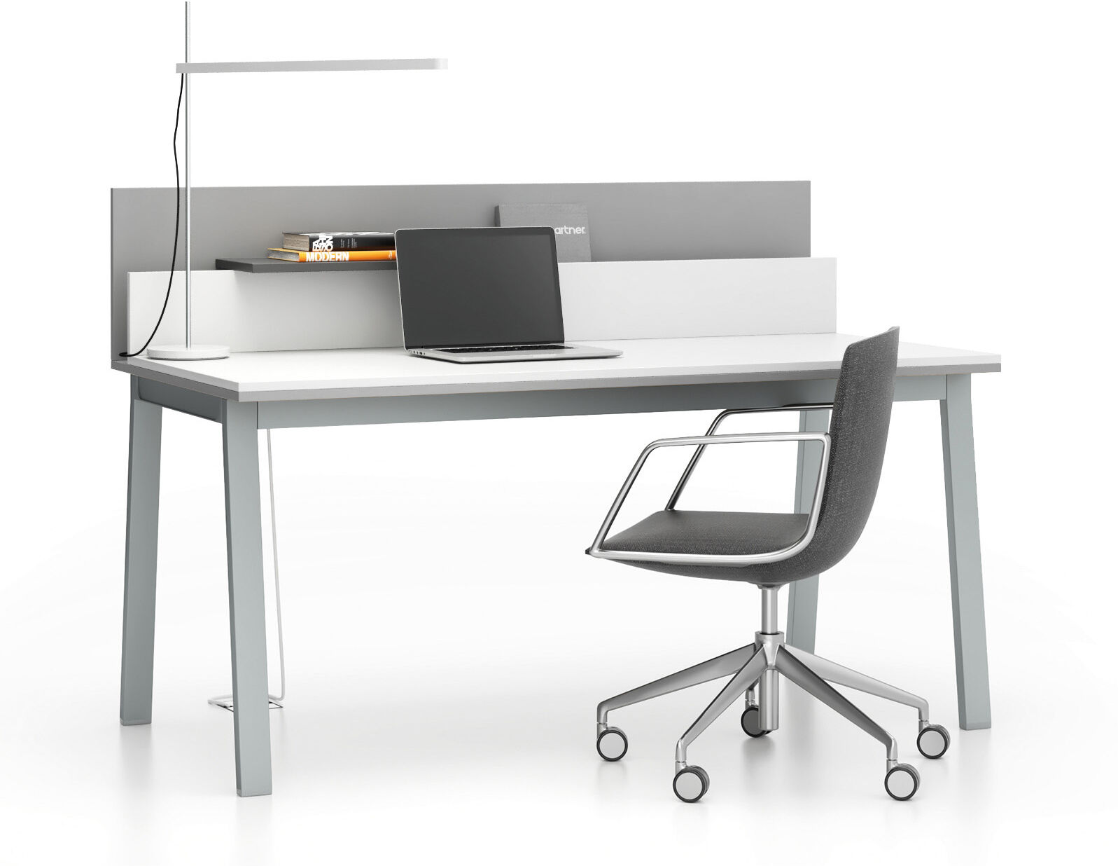 PLAN Büroschreibtisch SINGLE LAYERS, 160x80 cm, mit Trennwänden, weiß/grau