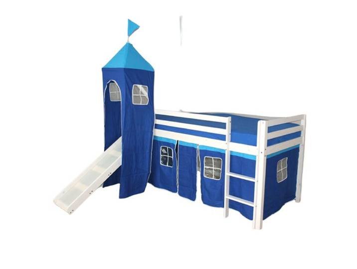 Lit Simple Blanc 90x200 en hauteur avec echelle Tour et toboggan Bleu