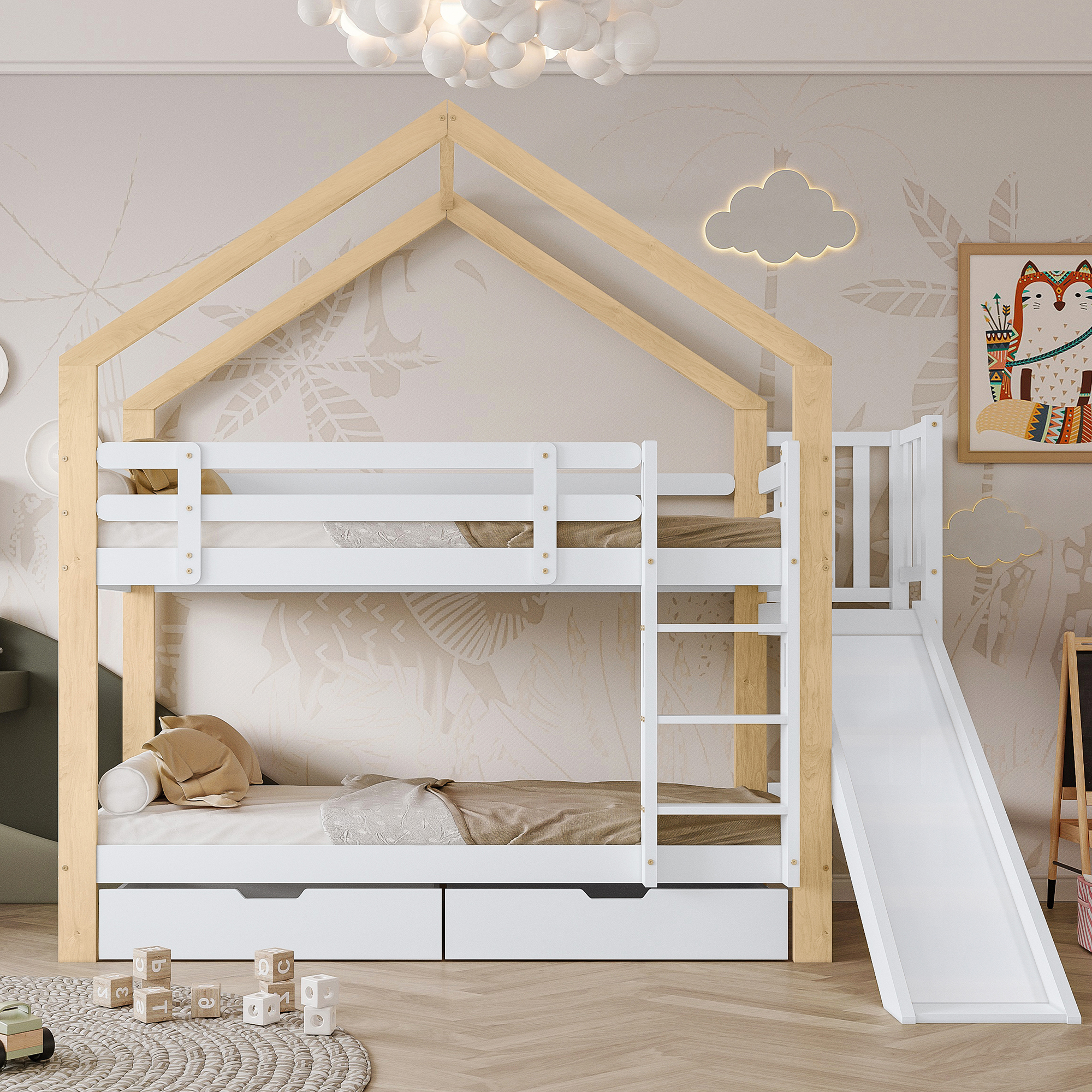 Merax Etagenbett 90x200cm mit Rausfallschutz und Schubladen, Kinderbett mit Rutsche und Leiter, Hochbett Massivholzbett Hausbett Stockbett, Weiß