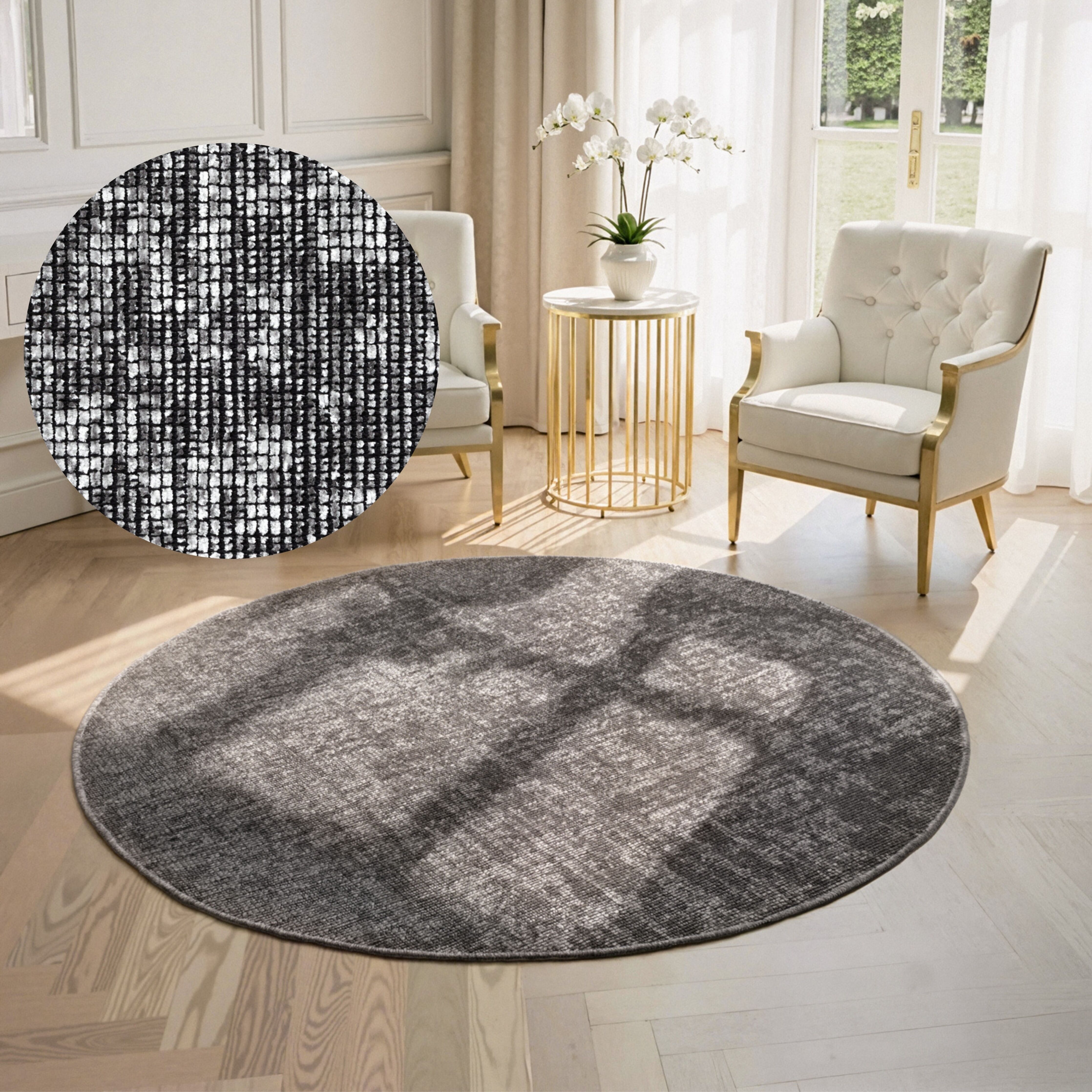 Teppich ELLE DECORATION "Prisma", grau (silber grau), H:5mm Ø:200cm, Baumwolle, Polyester, Teppiche, Teppich, Glanz-Effekt, Karo Design, Kachel-Optik, Wohnzimmer, Schlafzimmer,Flur silber grau Ø 200cm 1 Stk., 5mm, Ø 200cm