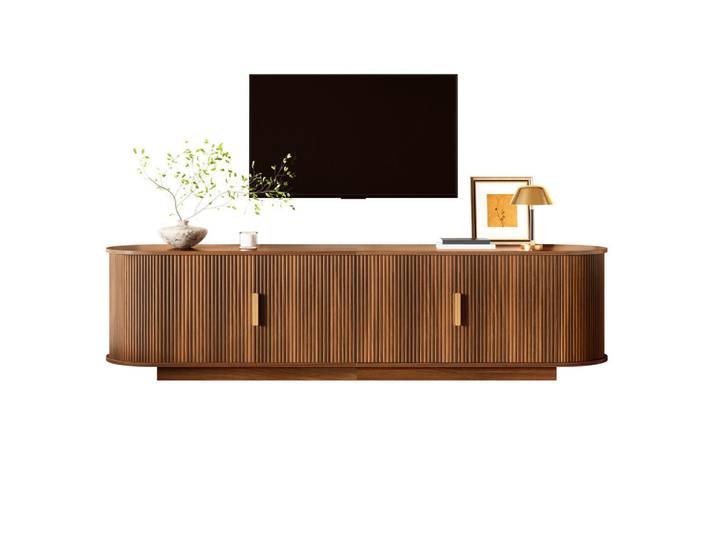 Flieks Tv-Lowboard Wellenoptik MDF Spanplatte 4 Türen Stauraum, Walnussfarben, 180x50x35 cm, Wohnzimmer, TV Möbel, Lowboards, Lowboards stehend