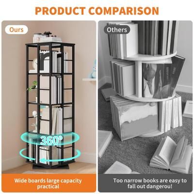 Garvee 360° Display Rotating Bookshelf, Modern Spinning Bookshelf Tower, 4-Tier Tall Corner Book Shelves, Space Saving Design