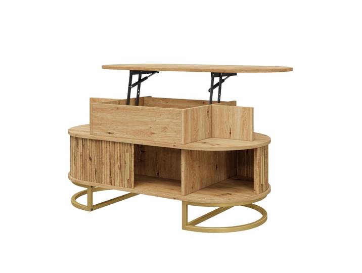 Table basse ovale relevable avec rangement, 100x50x64 cm, naturelle