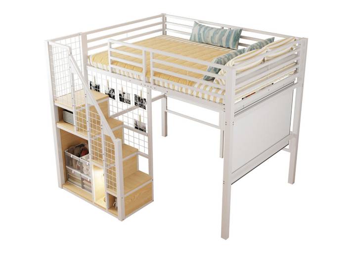 Modfu Hochbett aus Metall 140x200 cm in Weiß mit Treppe & Stauraum, 140x200 cm, Babymöbel & Kindermöbel, Kinderzimmer & Jugendzimmer, Kinderbetten, Hochbetten
