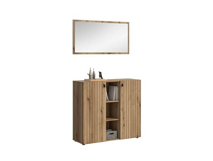 xonox.home – 2-TLG. Garderobenkombination Station 106x192x37 cm in Evoke Oak – Minimalistisches Garderoben-Set aus Wandspiegel und Schuhkommode für kleine Flure