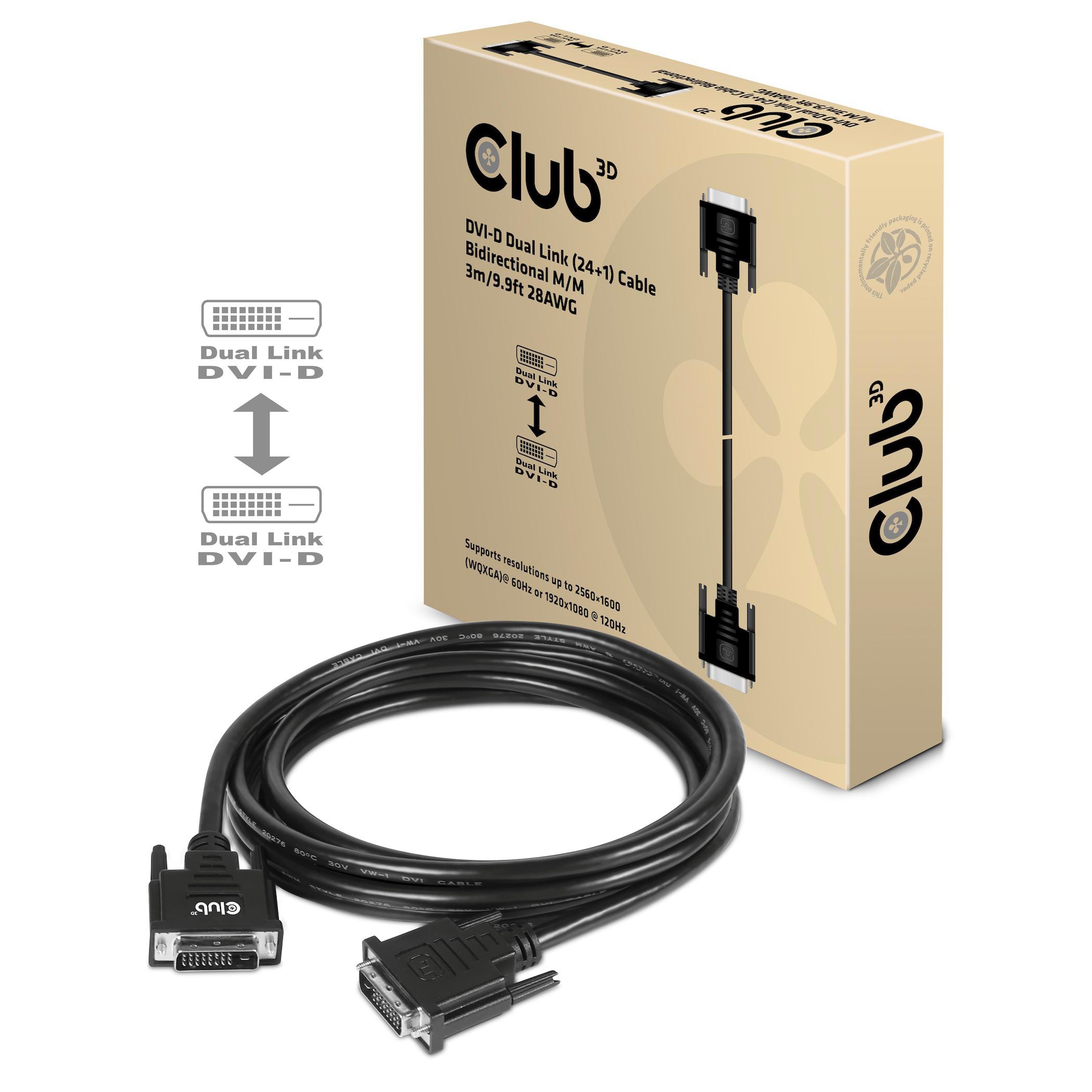 Club3D Club 3D CAC-1223 DVI-D Dual Link 24+1 M/M Cable 3m Bidirectional 28AWG