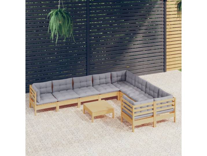 vidaXL 10-tlg. Garten-Lounge-Set mit Grauen Kissen Kiefernholz