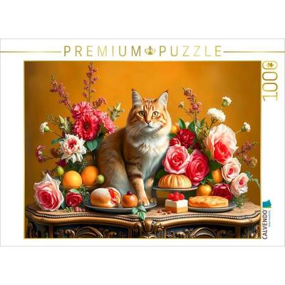 CALVENDO Puzzle Katze auf Tisch mit Blumen und Obst im Stil der Alten Meister | 1000 Teile Lege-Größe 64x48cm Foto-Puzzle für glückliche Stunden