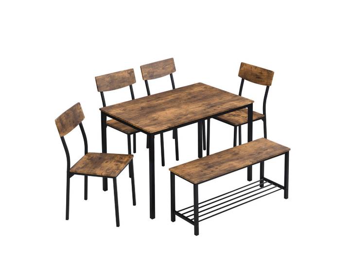 Flieks Sitzgruppe Esstisch mit Stuhl Bank Set Holz Stahl Industrie, Braun, 65x75.5x108 cm, Esszimmer, Bänke, Tischgruppen & Eckbankgruppen