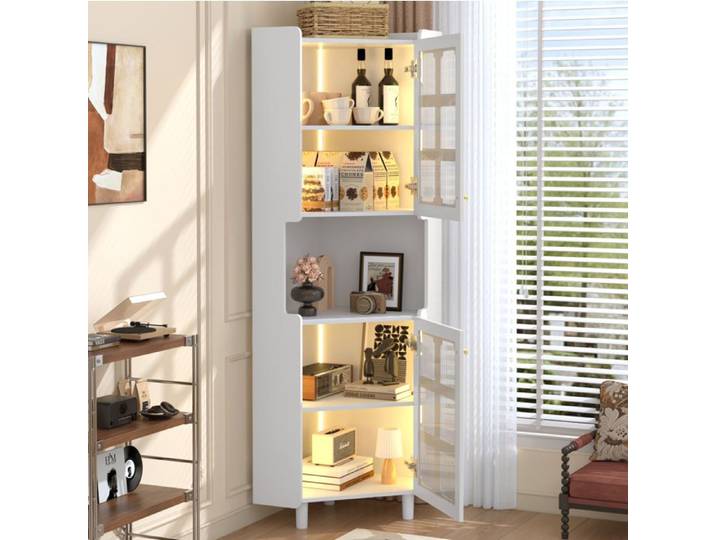 Vitrine d'angle blanche laquée avec LED meuble de rangement en MDF 63 5 x 157 5 cm