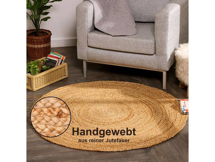 Teppich Lola, handgeflochten , beige (natur), H:10mm Ø:100cm, Jute, MYFLAIR MÖBEL & ACCESSOIRES, Teppiche, Teppich, Juteteppich, Wendeteppich, 100% Naturfaser, auch in rund & als Läufer