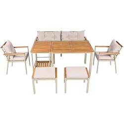 Merax Outdoor Essgruppe 6–7 Personen Gartenmöbel Set, verzinkter Stahlrahmen, Tischplatte & Armlehnen aus Akazienholz, Stühle, Servierwagen, Beige
